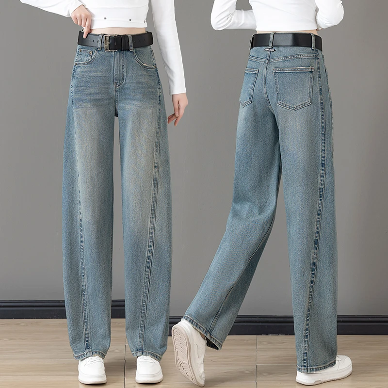 浅蓝镰刀牛仔裤女春秋新款美式复古高腰宽松设计感弯刀拖地阔腿裤