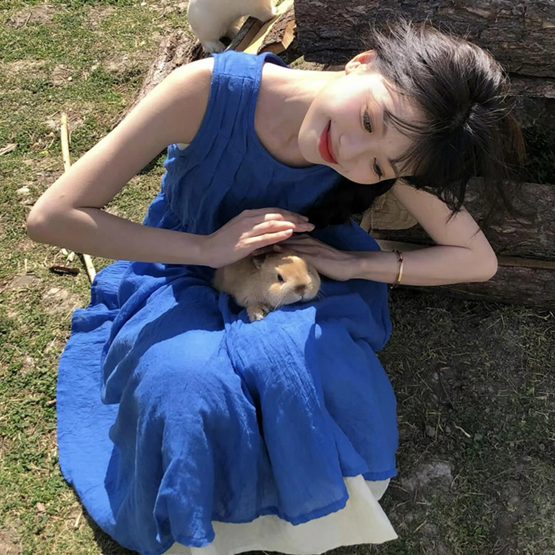 克莱因蓝法式无袖背心连衣裙子女夏2025新款海边度假洋气减龄长裙