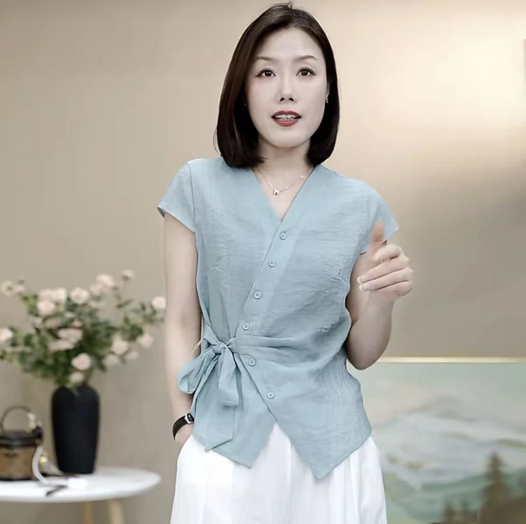 6628薄款夏季新款衬衫复古无袖小衫上衣流行高贵短袖T恤女款显瘦