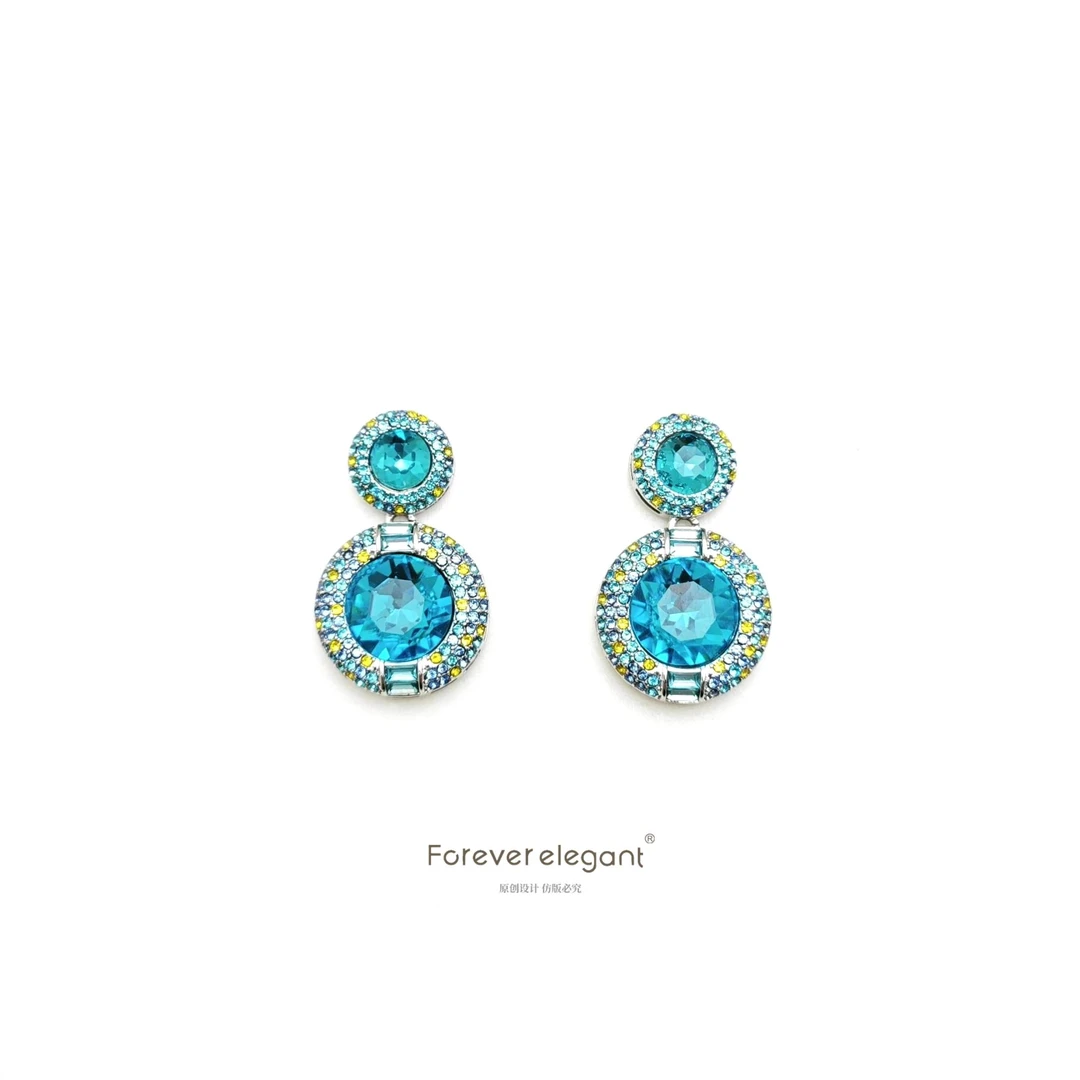 铜合金仿水晶耳饰 蓝色撞色时尚小众设计师高级感满镶耳饰-澜汐