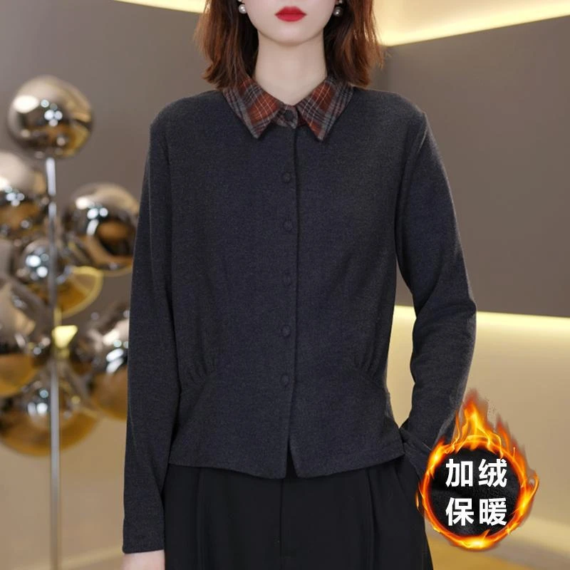 恒源祥彩羊爆款2025秋冬新款时尚洋气减龄格纹翻领双面绒打底衫