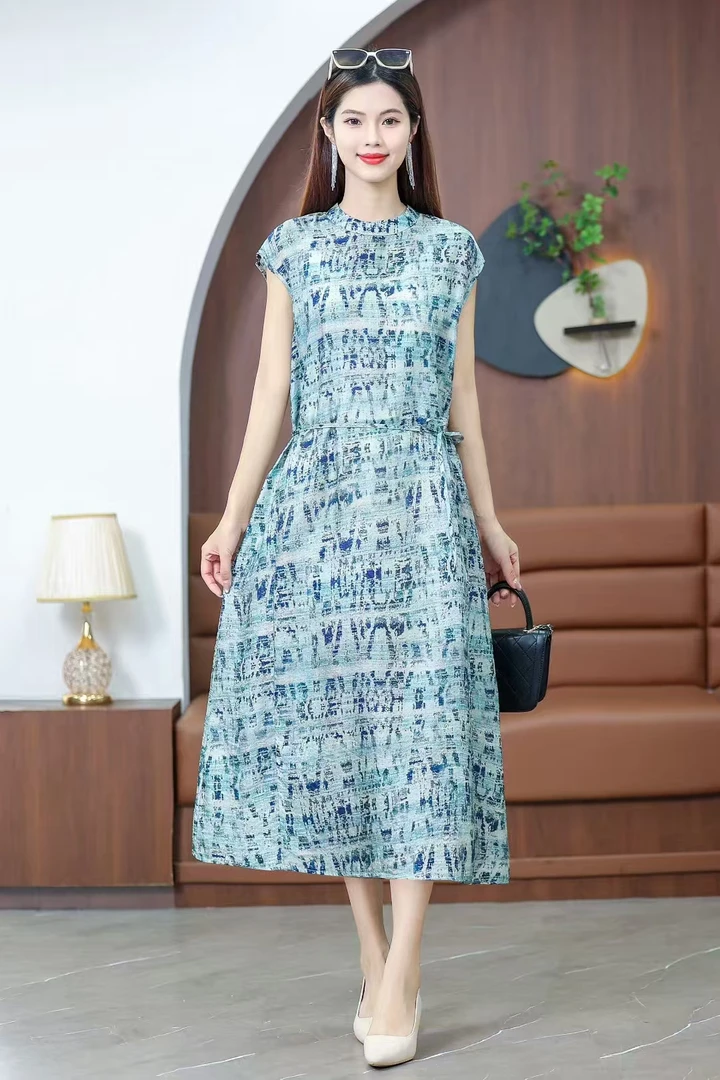 N575【锦悦】新中式国风遮肚中长款女士裙子时尚显瘦花萝轻奢连衣裙