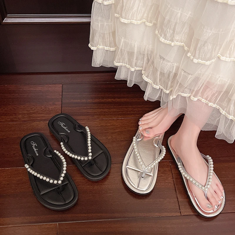 新款珠子系列外穿女士人字拖鞋珠子点缀时尚百搭平底多珠网红休闲