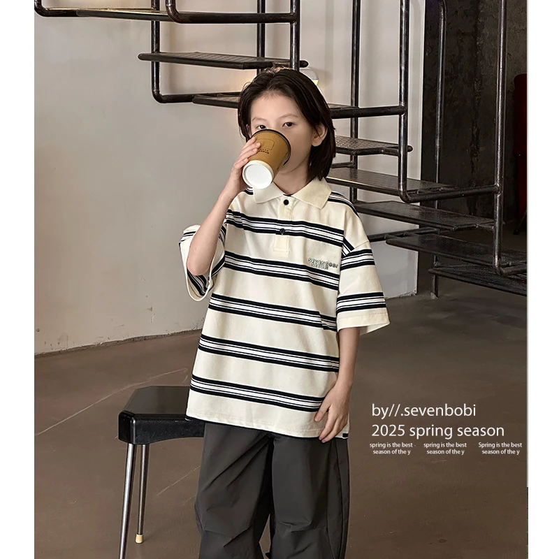【现货】男童宝宝polo衫中大童拼接短袖韩版儿童短袖t恤2025新款