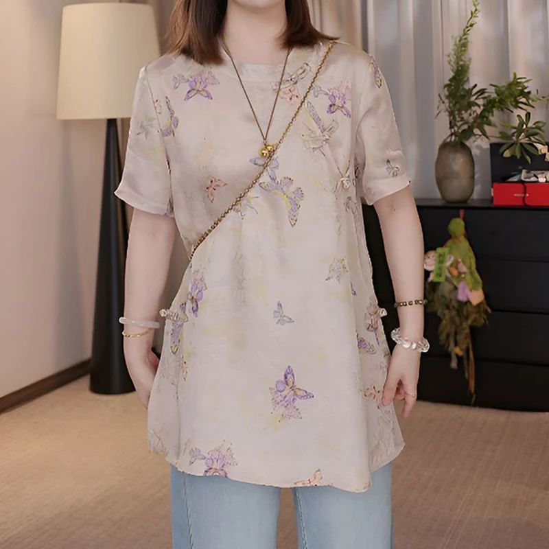 2025夏季薄款大码女装新中式国风印花设计感盘扣宽松显瘦小衫上衣