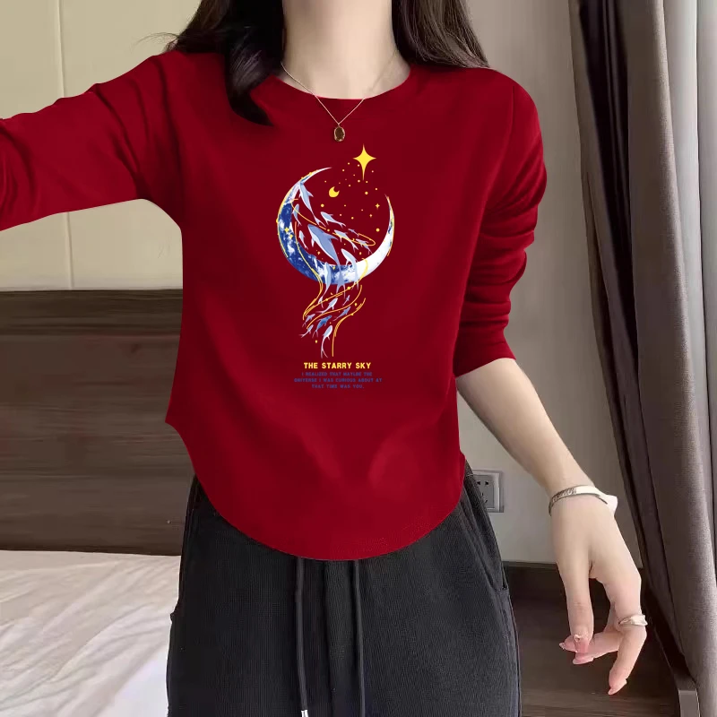 纯棉正肩安可拉红T恤女长袖纯棉秋季大码胖mm修身显瘦内搭打底衫