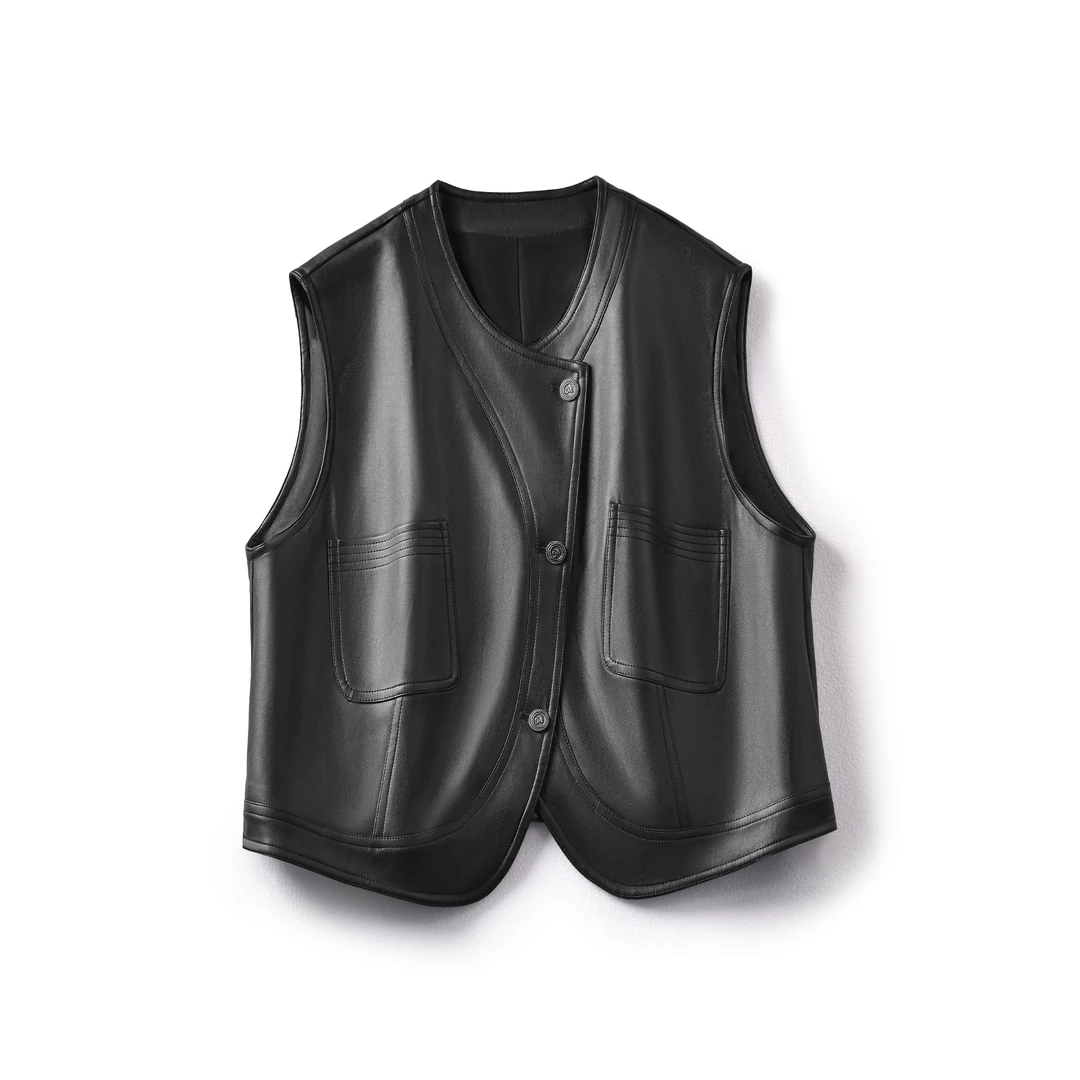 海宁正品皮衣新品百搭休闲极简风短款气质减龄马甲女装