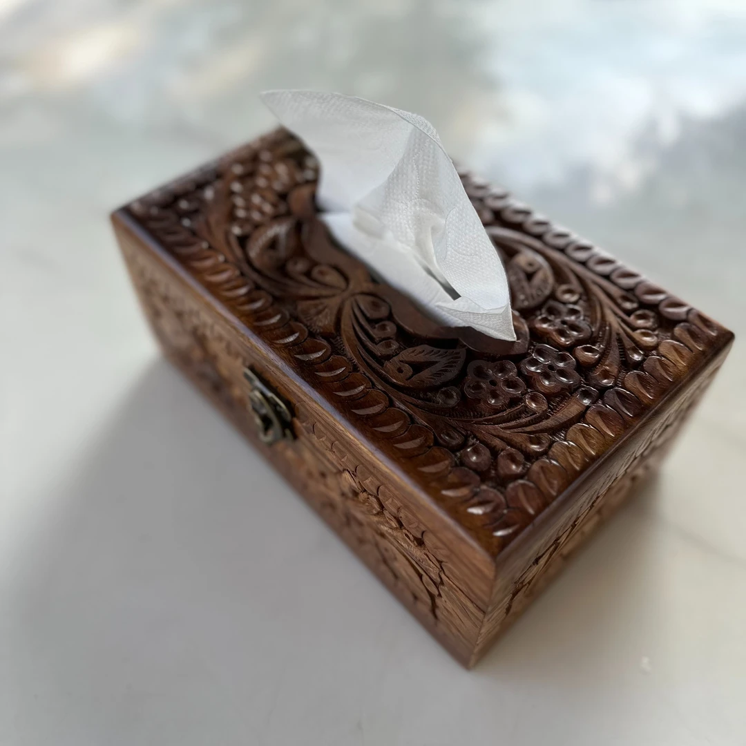 【奇居】手工雕刻阔叶黄檀木花卉形纸巾盒#PWTB003-8C