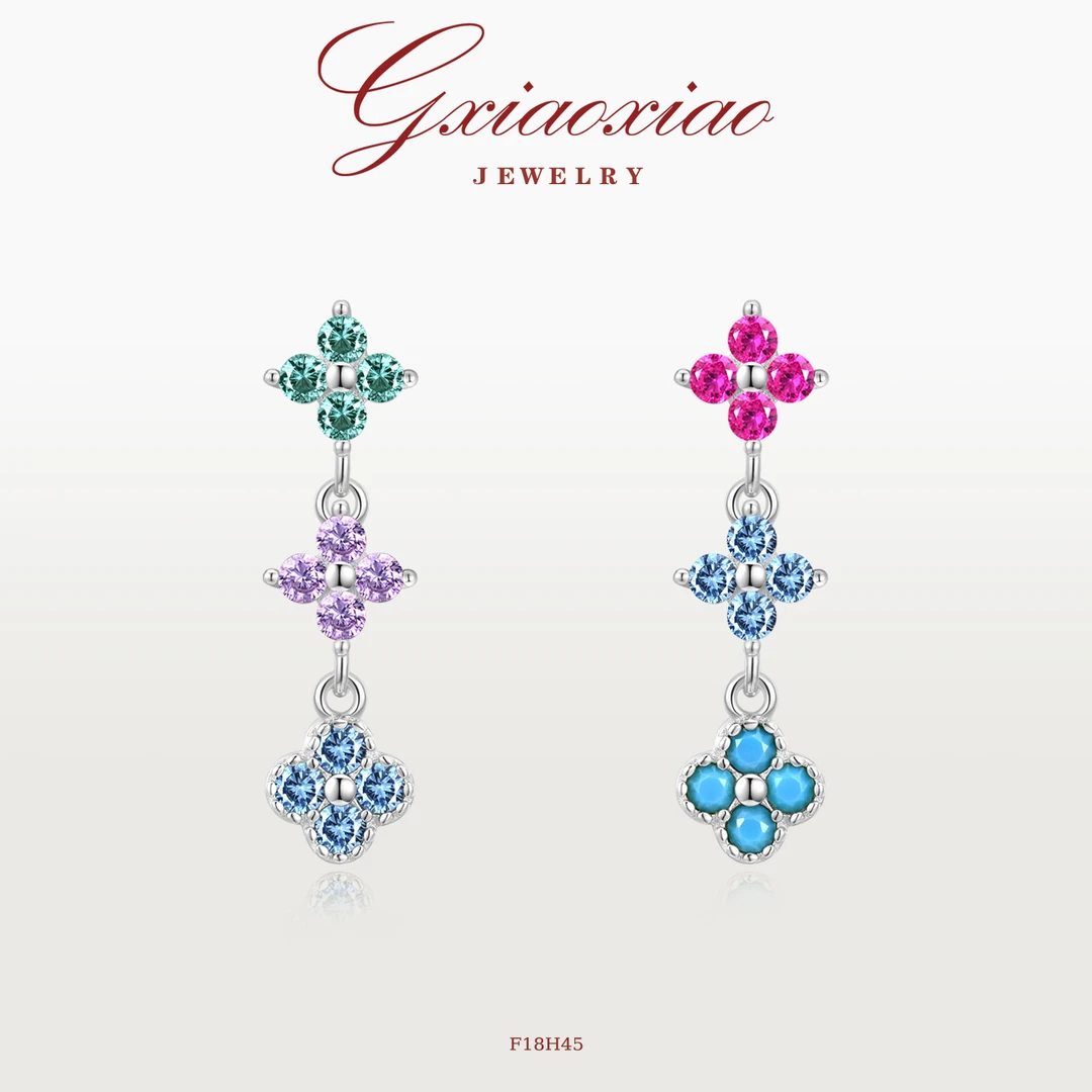 镀K金 925银针 法式气质时尚百搭彩色四叶草耳环 F18H45