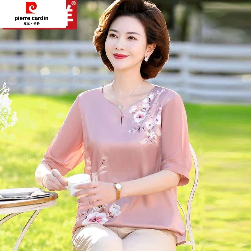 母亲节妈妈夏装套装真丝小衫40-50岁中老年女装新款桑蚕丝T恤短袖