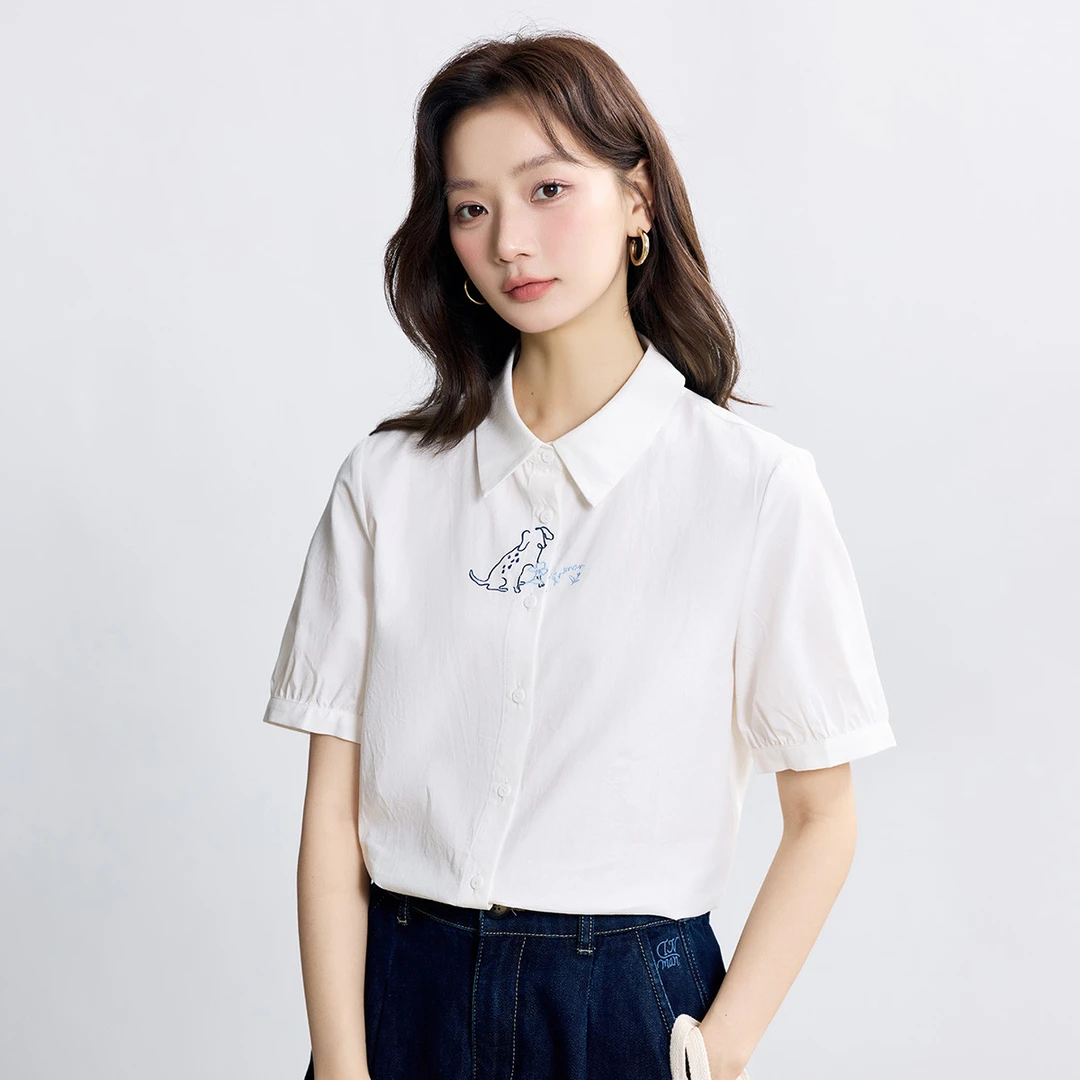 纯棉通勤百搭绣花白衬衫女2025夏季简约宽松舒适短袖衬衣上衣