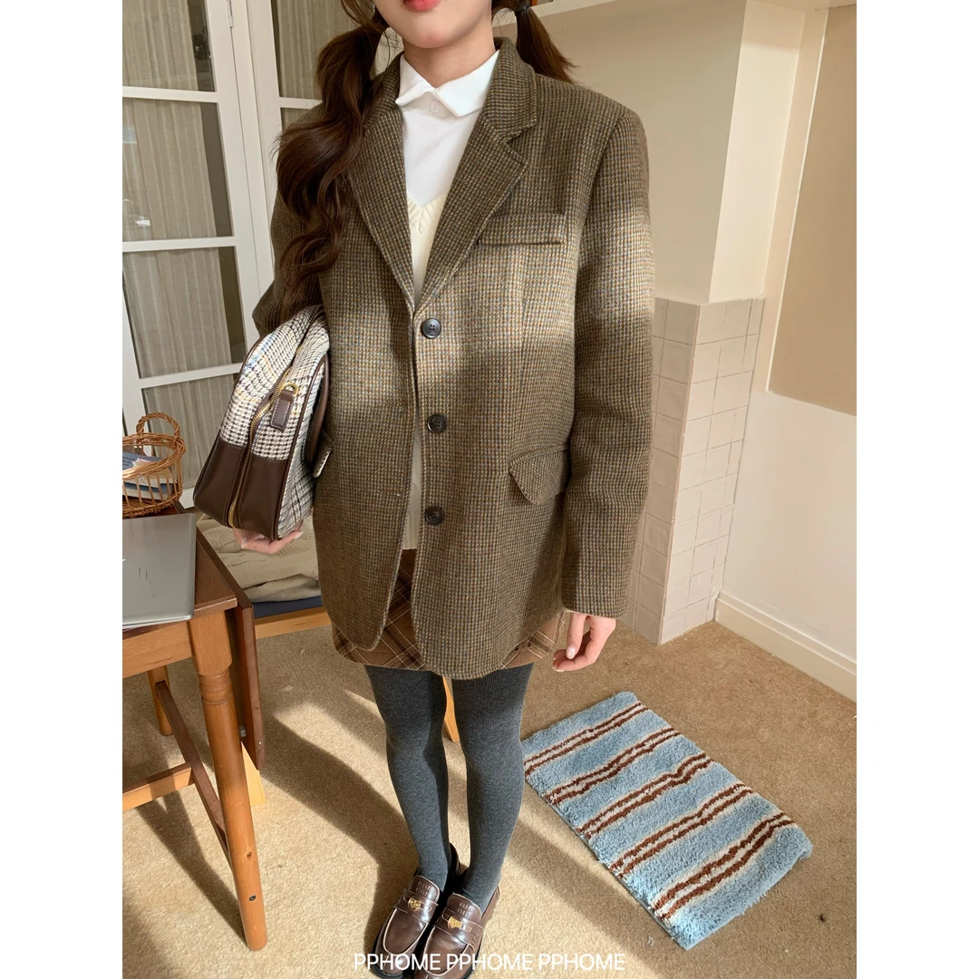 柏林书店 Miu系复古格子加棉毛呢西装外套宽松呢大衣