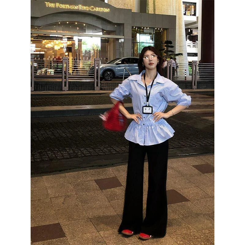 秋色织条纹通勤休闲复古百搭棉麻长袖气质时尚显瘦独特漂亮小衫