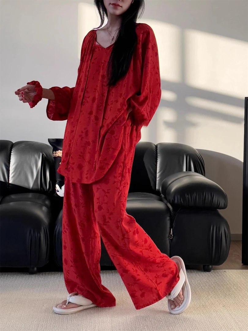 【DMXJ大梦想家】新中式国风印花睡衣春秋季女款2025红色家居服套装