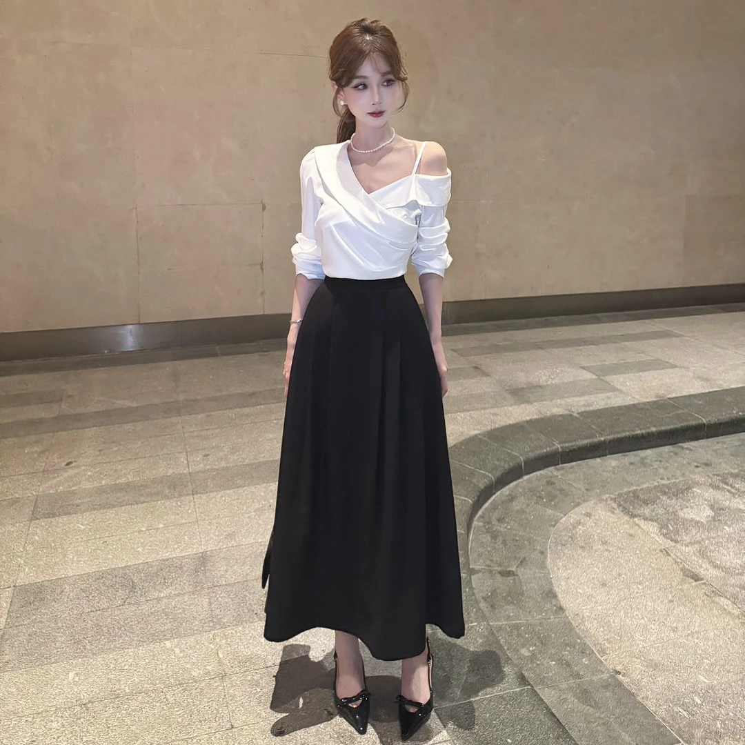 【耀眼白月光】露思同款不对称露肩白衬衫+呢料半身裙套装