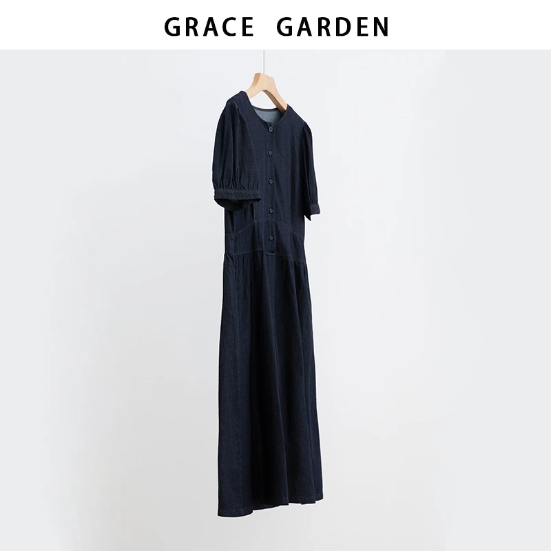 GRACE GARDEN【法式牛仔！腰封牛仔！！】文艺复古圆领连衣裙DR5D2201