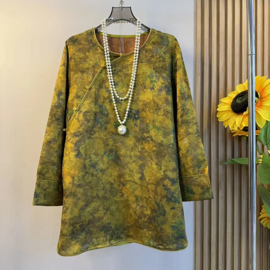 新中式大码女装2025秋季款国风暗纹提花盘扣斜襟圆领衬衫显瘦上衣