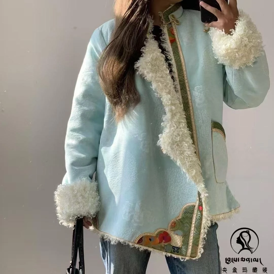 新品冬季加厚外套女生手工盘扣衬衣重工毛料加绒棉衣宽松版西藏服