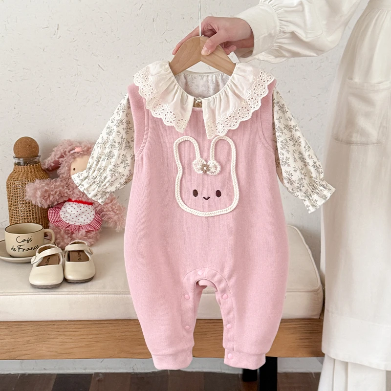 新生儿秋装连体衣外出服婴儿女宝周岁百天套装春秋款粉嫩哈衣爬服