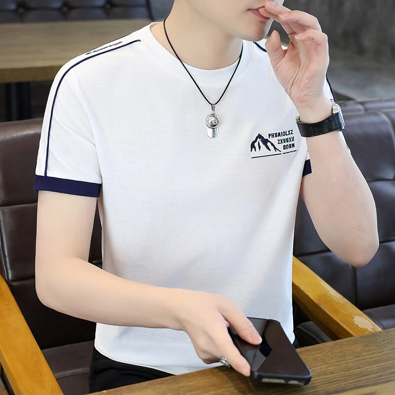 白色t恤男士短袖2025新款潮流冰丝体恤圆领刺绣休闲百搭半袖T夏季