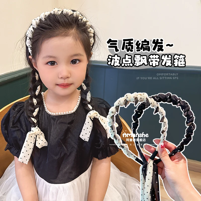儿童波点长飘带带齿发箍女新款发带丝巾绑发外出百搭小女孩发饰