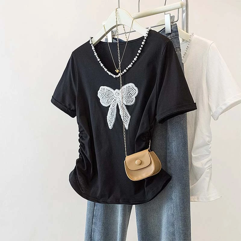 卡莲格/大码女装T恤钉珠蝴蝶蝴蝶结褶皱收腰短袖夏季韩系显瘦上衣