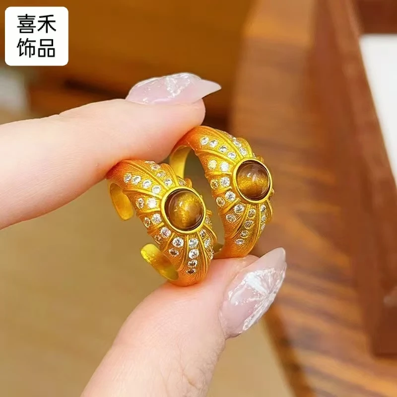 合金戒指 金店同款点钻拉丝虎眼石戒指金色指环中古风轻奢送女