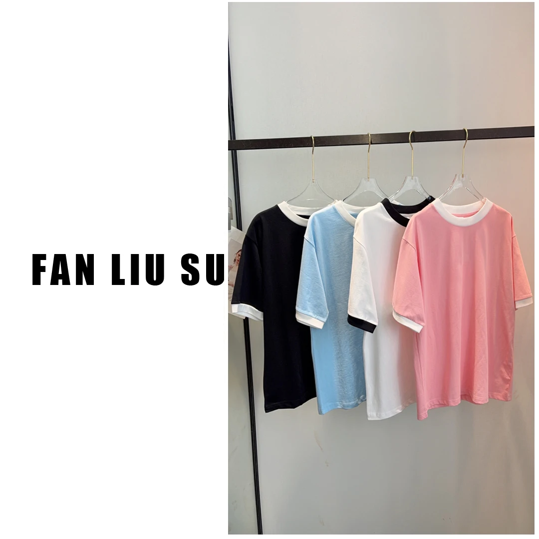 圆领套头平拼接短袖T恤女士夏季宽松上衣2025新款