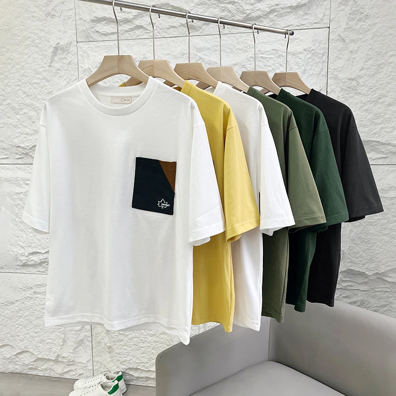 山系复古 街头270g重磅厚实棉迷彩口袋潮流素色宽松男款短袖T恤