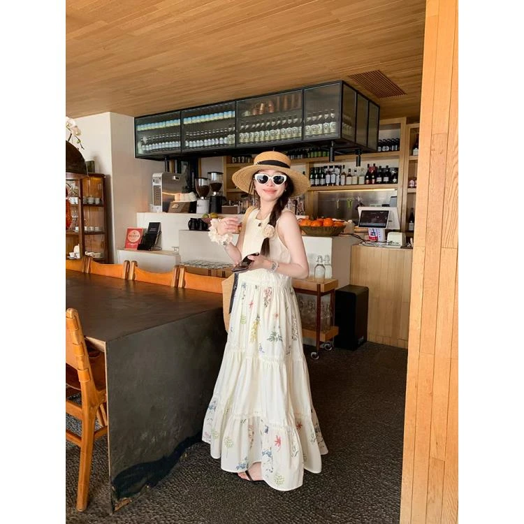 极简风白色连衣裙2025早春新款高级感长裙印花修身背心气质连衣裙