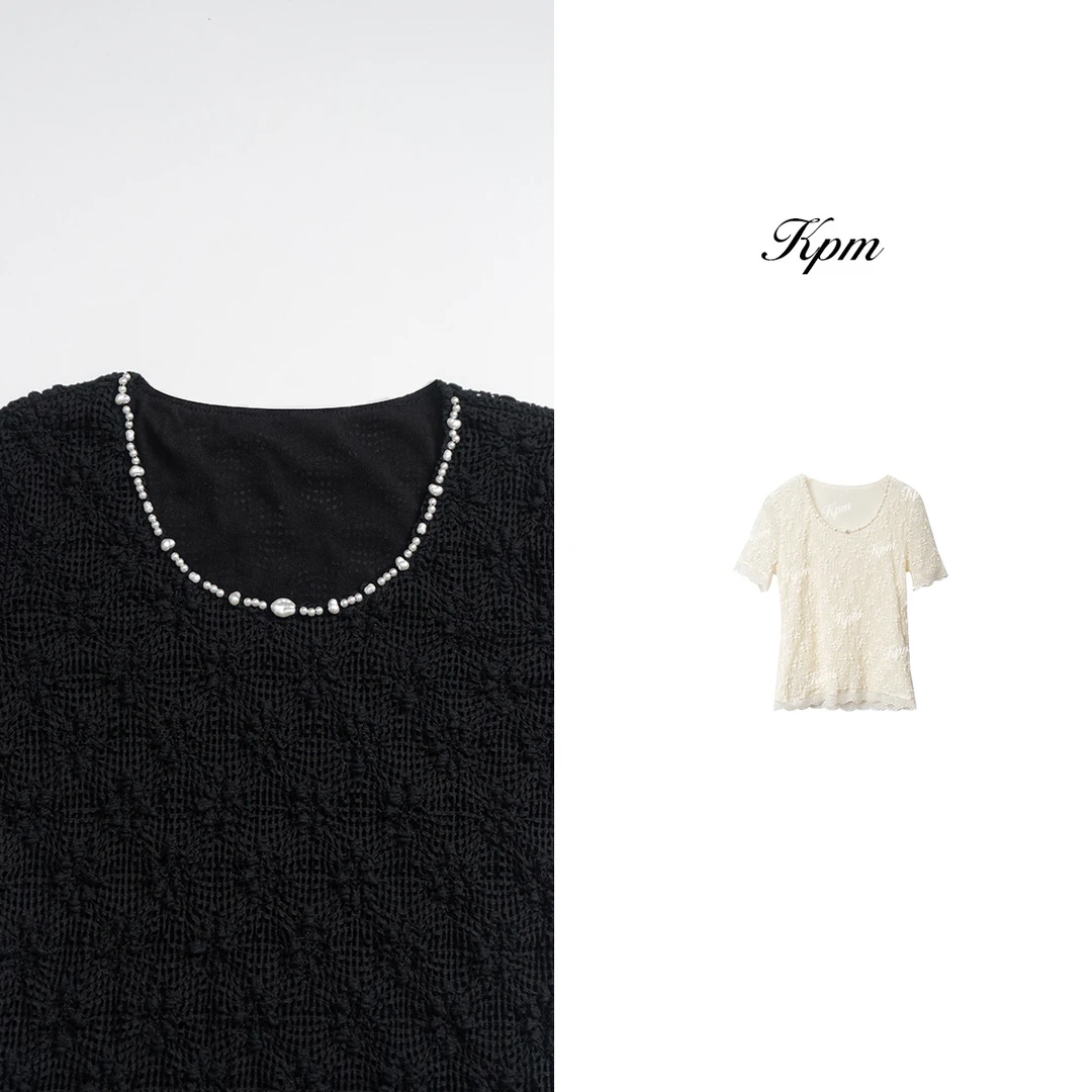 2025春季新款欧若风简约优雅圆领钉珠短袖T恤显瘦气质上衣JN7362