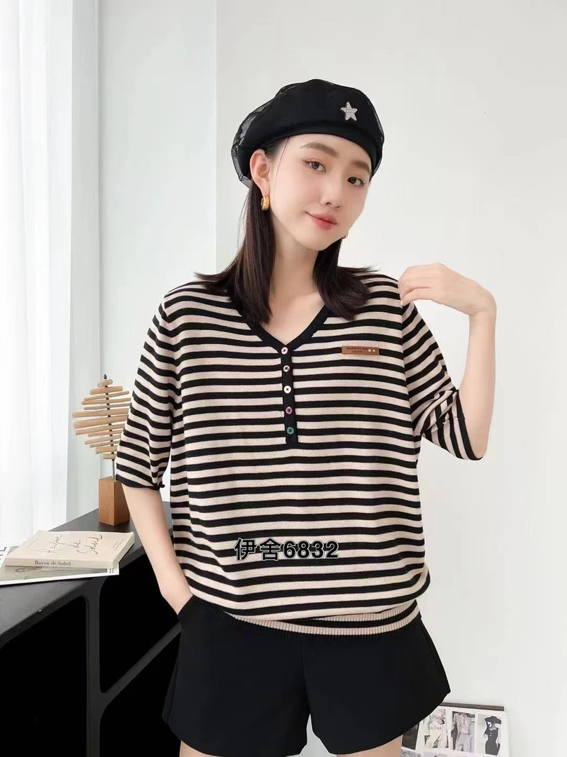 【丽丽家】秋季休闲百搭V领中袖条纹线衫棉线衫6832