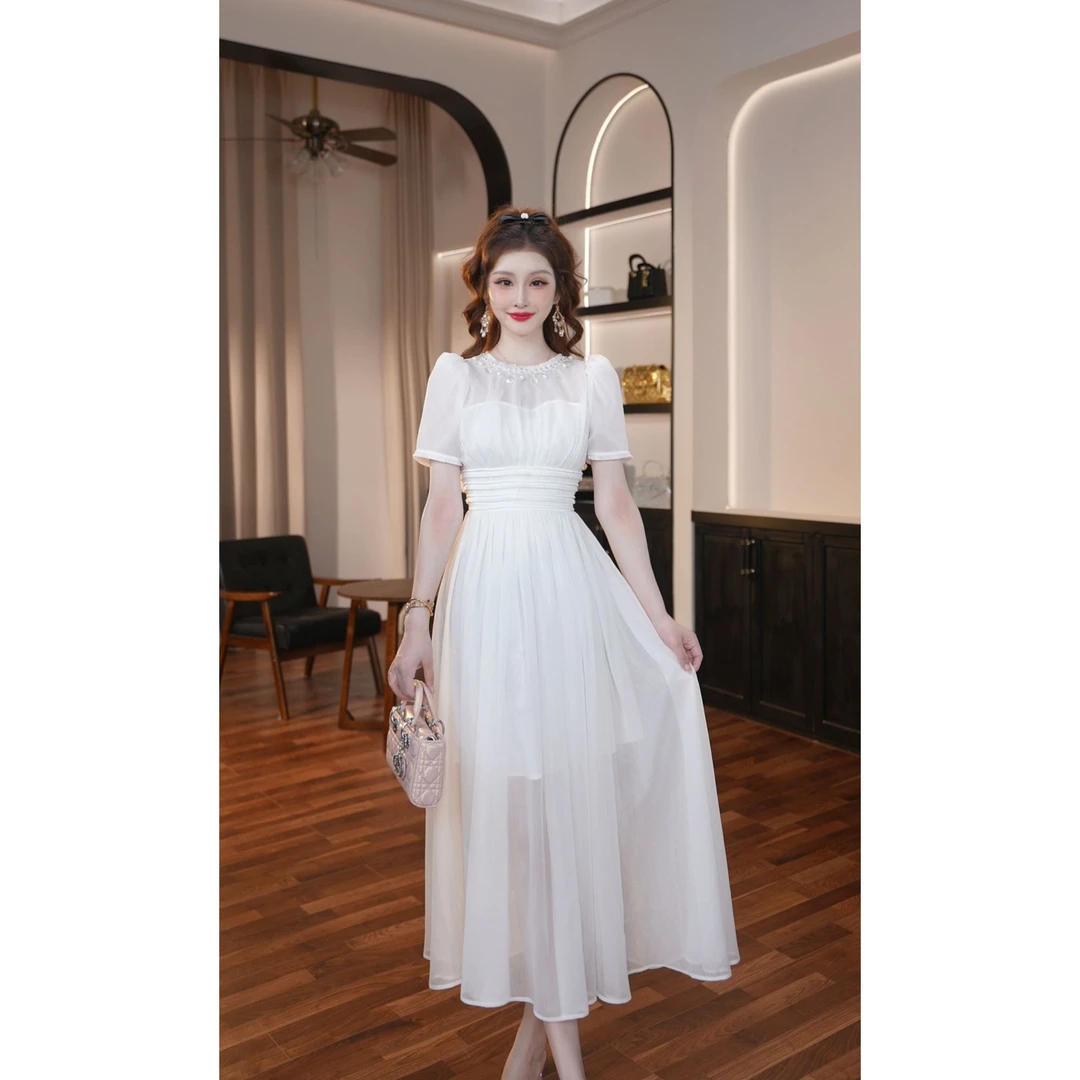 【晚晚定制】显瘦短袖法式连衣裙宴会裙复古轻奢裙子中长裙41018