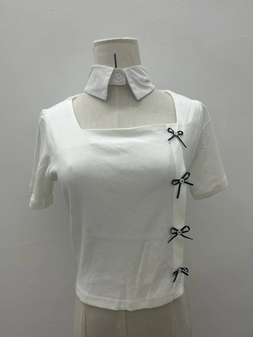 方领短袖T恤设计短款蝴蝶结贵气甜美风蝴蝶