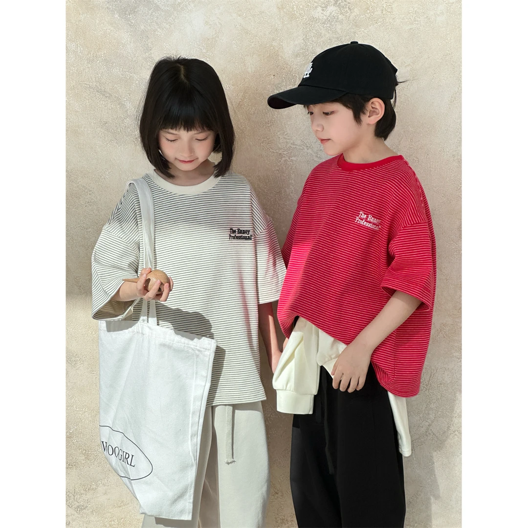 in 爱：mx25夏季新品韩版儿童刺绣条纹短袖男女童百搭半袖T恤217