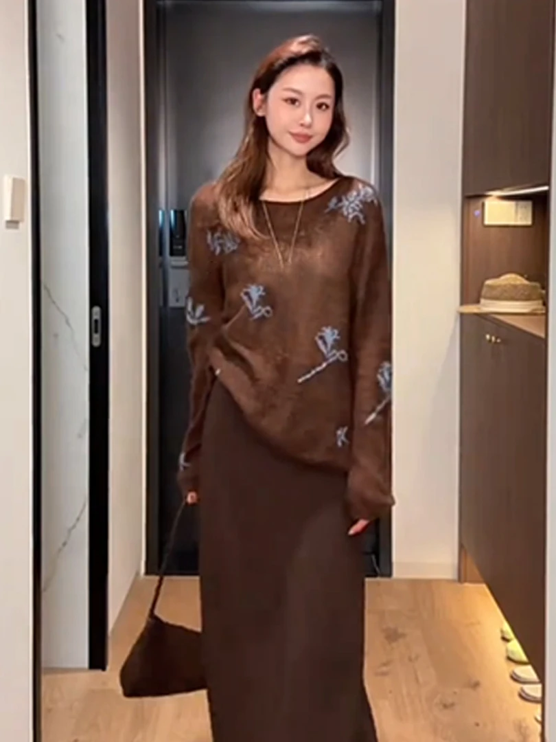 早秋穿搭减龄一整套女装2025年秋季复古毛针织衫高腰半身裙两件套