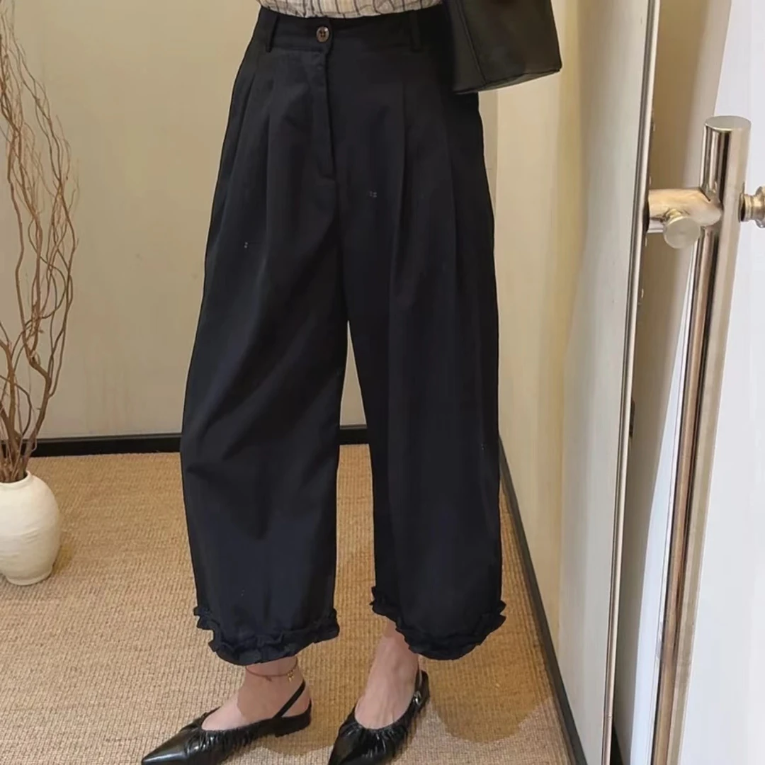 2025夏季新款休闲裤女设计感裤脚木耳边直筒阔腿一粒扣女裤