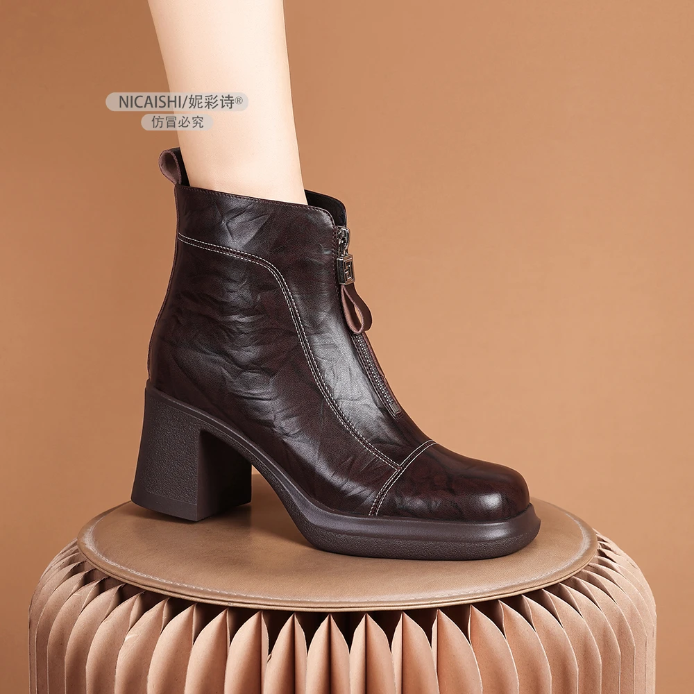 2025年新款欧美厚底棕色复古显瘦粗跟时尚百搭厚底 短靴3098