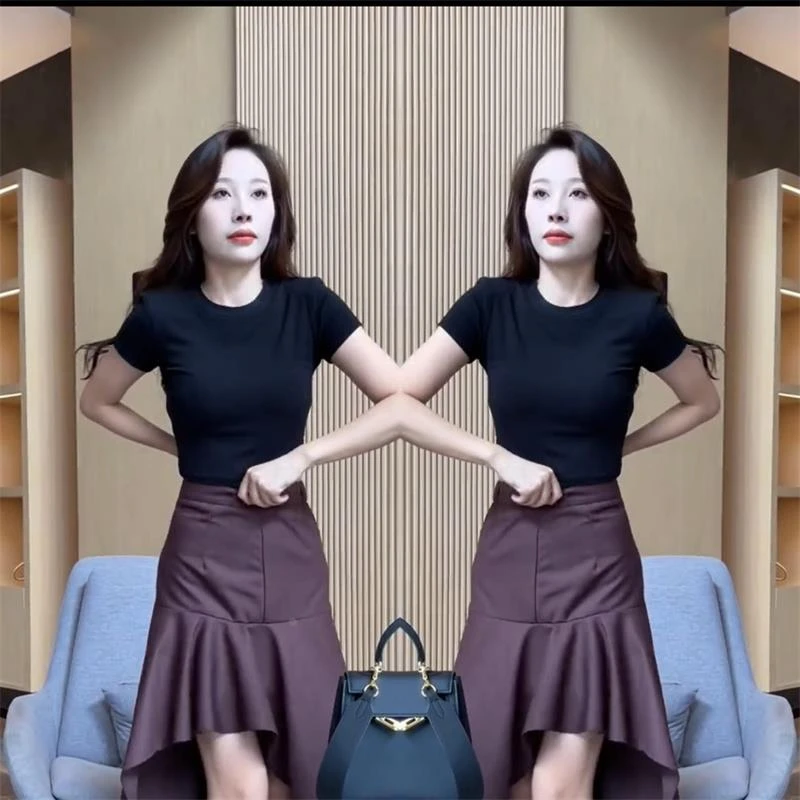 夏季显瘦高腰不规则鱼尾半身裙女设计感小众中长款荷叶边西装字