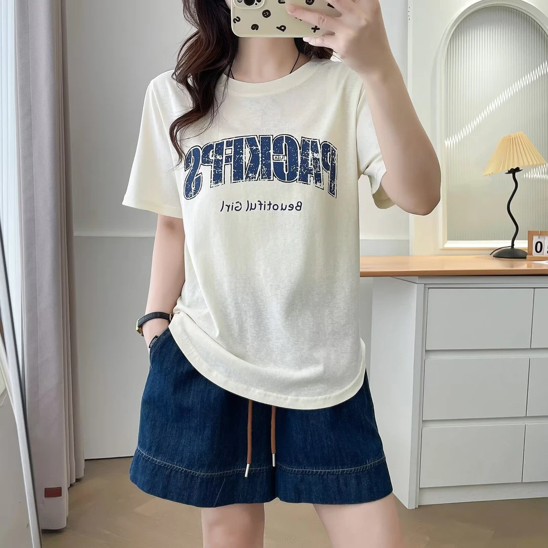 字母印花宽松短袖T恤女2025夏季新款韩系休闲百搭冰棉圆领短款tee