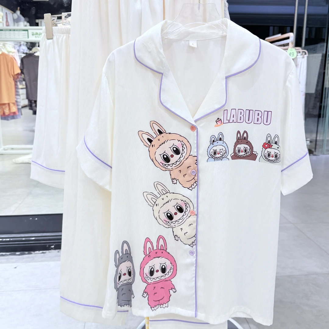 夏季新款拉布布丝质短袖三件套带杯垫睡衣丝柔透气舒适女套装2271