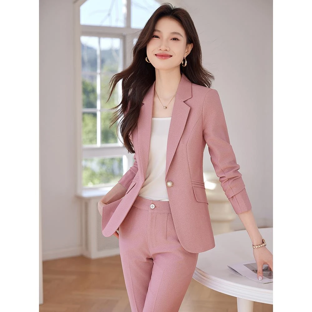 粉色西装外套女春季2025新款高级感小个子休闲职场职业装西服套装