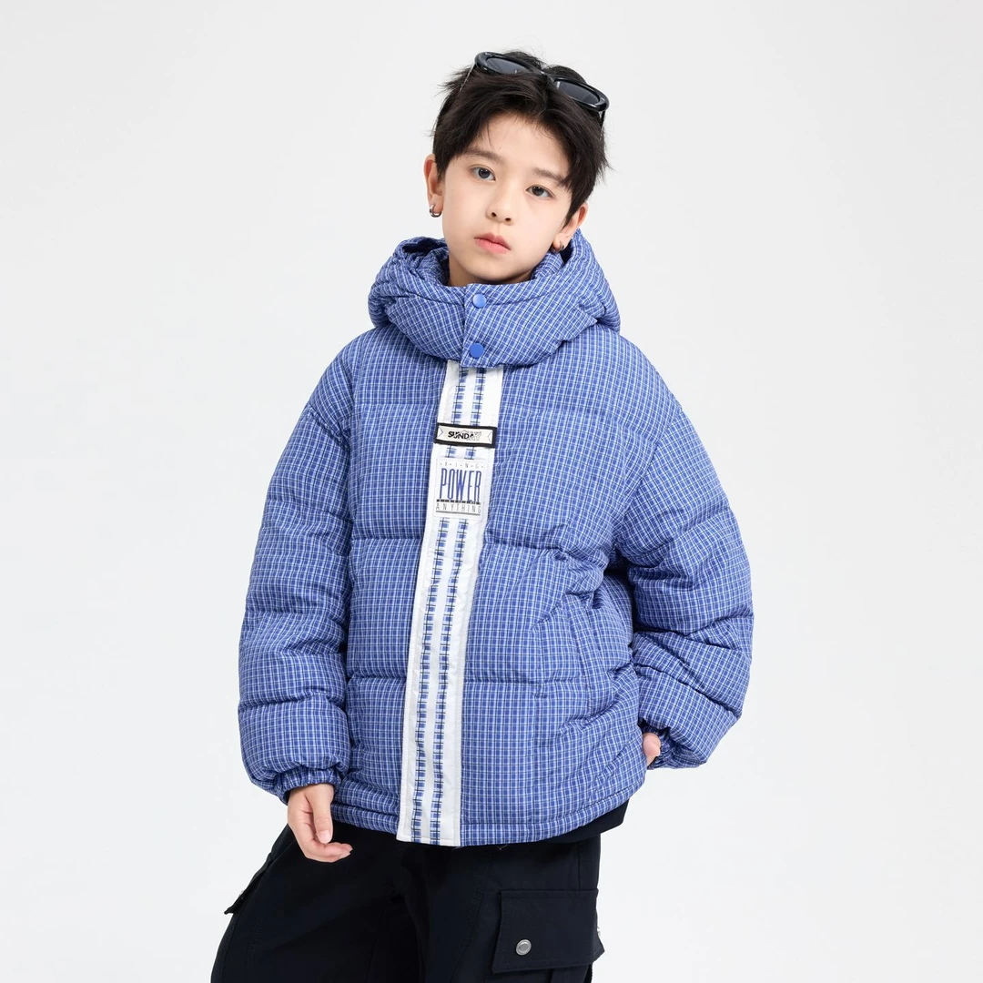 【90安心绒】【现货现发】男童冬季韩范撞色短款格子连帽面包羽绒服