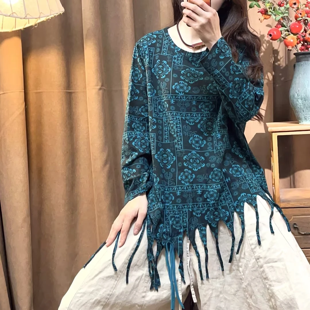 复古炒色棉质不规则休闲流苏T恤（衣长80胸围120）