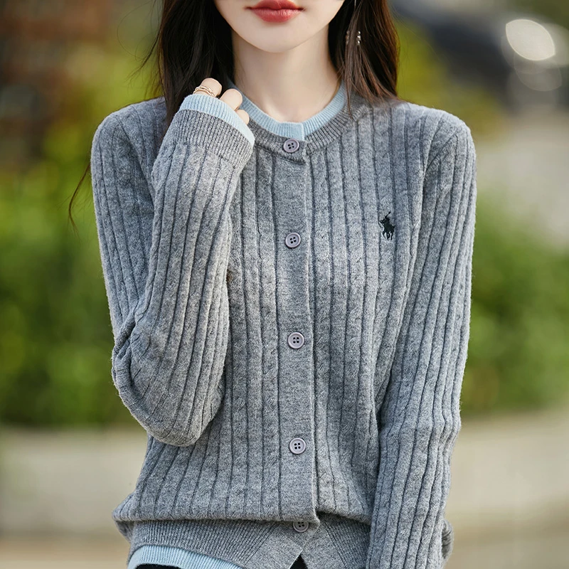 纯羊毛拼接假两件开衫毛衣针织衫内搭外穿保暖时尚1