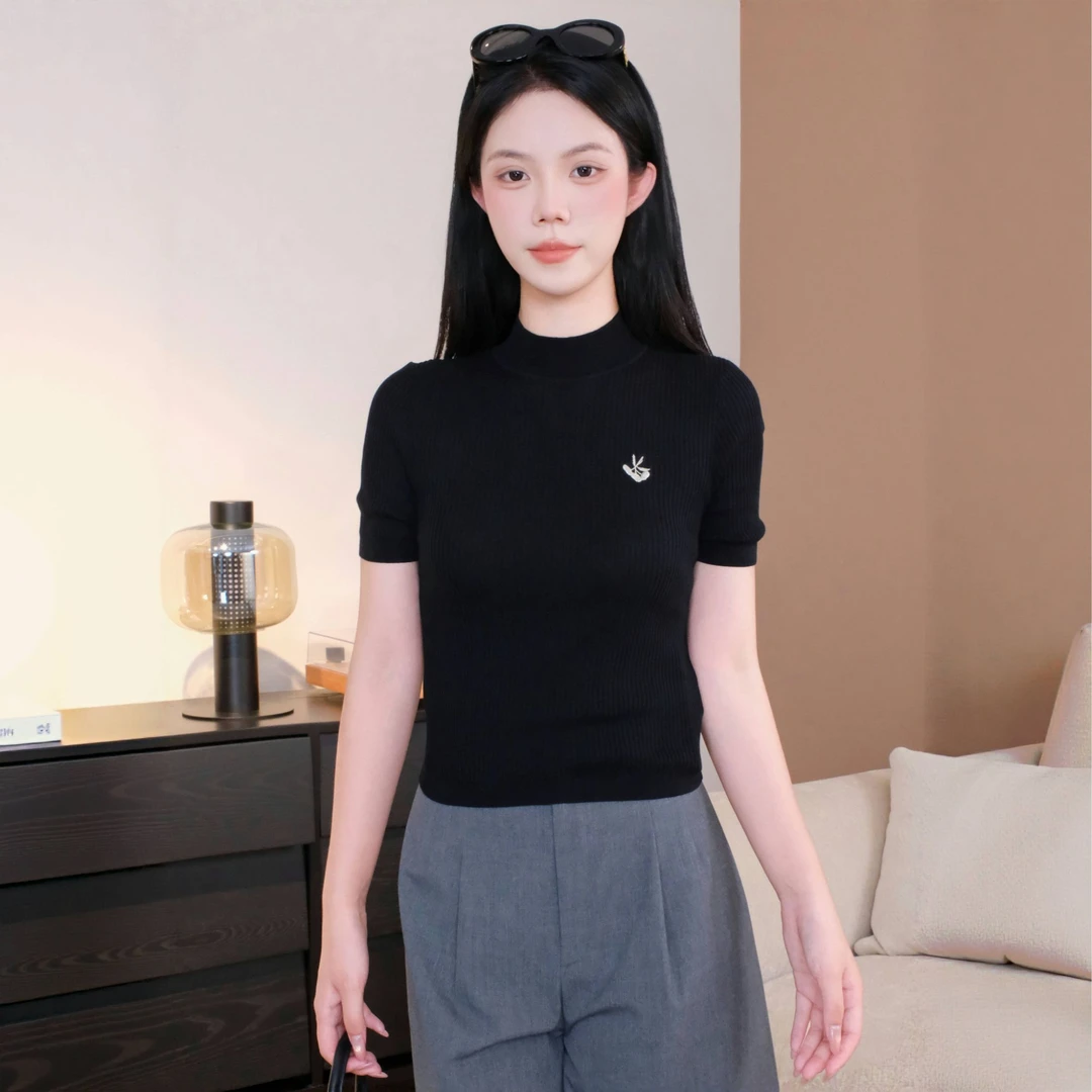 GIRDEAR/哥弟短袖落肩袖毛针织衫半高领针织衫打底衫修身1399715