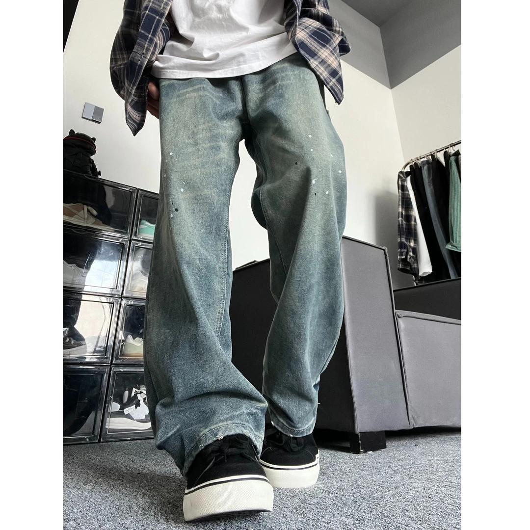 漆点牛仔裤男直筒宽松春秋季美式复古大码潮流痞帅阔腿休闲长裤子