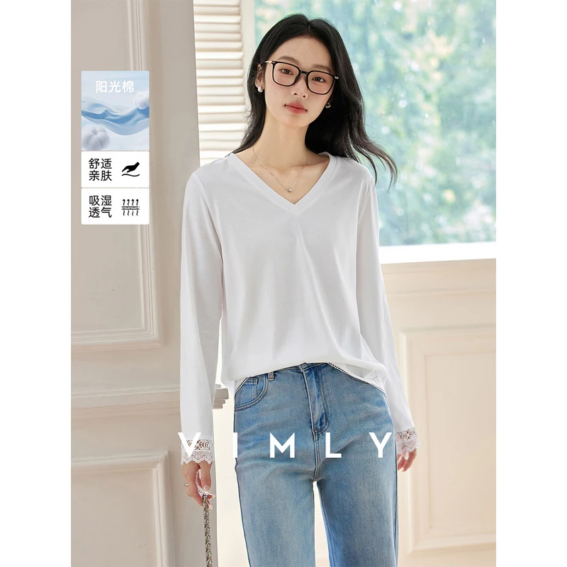 梵希蔓白色蕾丝花边长袖t恤女秋季百搭显瘦v领正肩上衣A2120