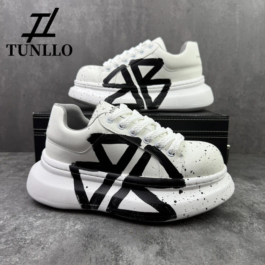 秋季新款时尚设计百搭舒适透气厚底增高涂鸦板鞋男潮流运动休闲鞋