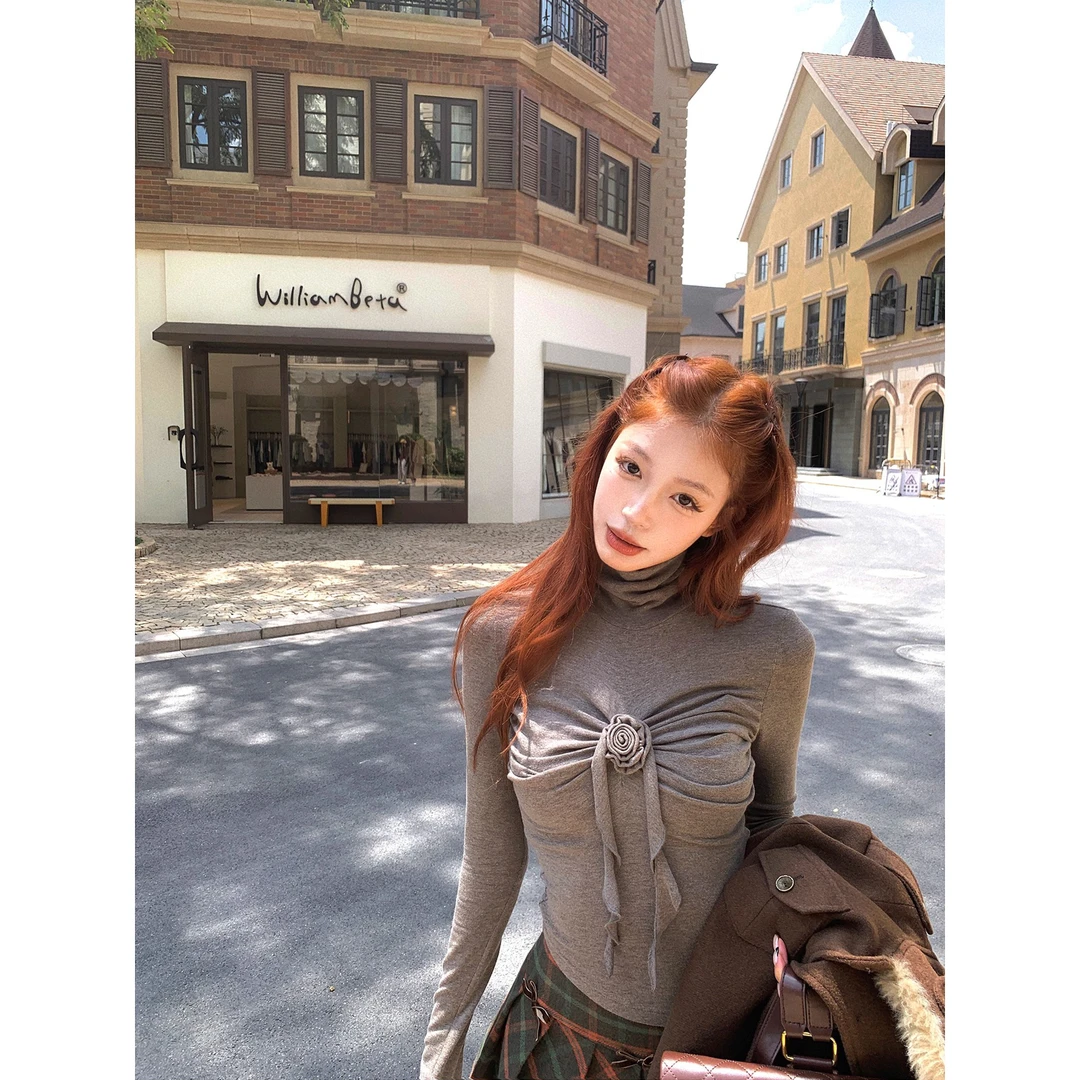 暮色玫瑰高领立体花朵修身长袖T恤女辣妹巨好看的春秋上衣打底衫